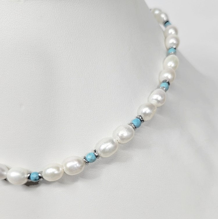 Beaded Necklace with Freashwater Pearls,Turquoise Spacer beads