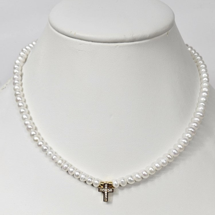 Beaded Necklace with Button Side-Drilled Freshwater Pearls &amp; Pave Gold Cross