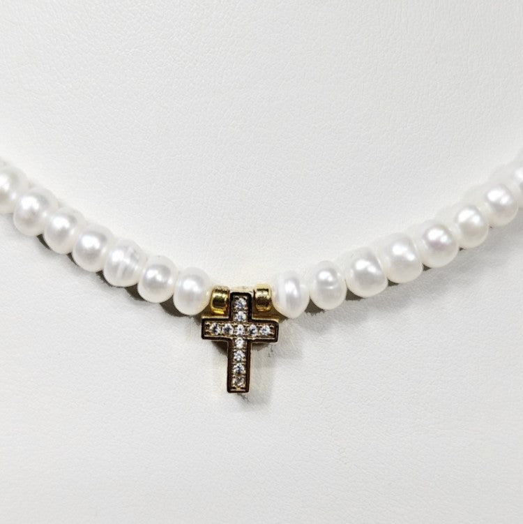 Beaded Necklace with Button Side-Drilled Freshwater Pearls &amp; Pave Gold Cross