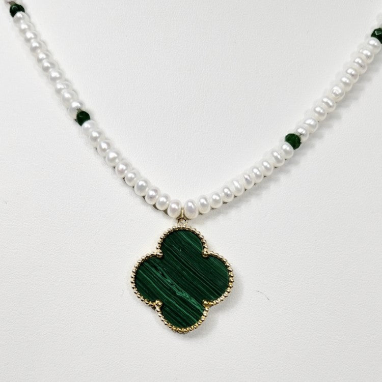 Beaded Necklace with 4mm Button Side-Drilled Freshwater Pearls, 5mm Faceted Green Emerald Spacer Beads &amp; Large Malachite Clover Pendant