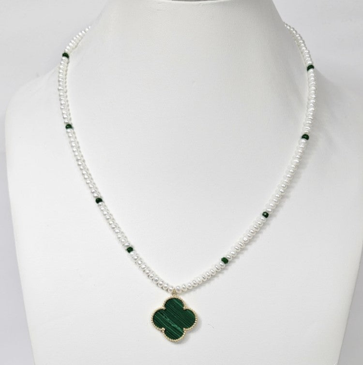 Beaded Necklace with 4mm Button Side-Drilled Freshwater Pearls, 5mm Faceted Green Emerald Spacer Beads &amp; Large Malachite Clover Pendant