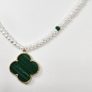 Beaded Necklace with 4mm Button Side-Drilled Freshwater Pearls, 5mm Faceted Green Emerald Spacer Beads &amp; Large Malachite Clover Pendant