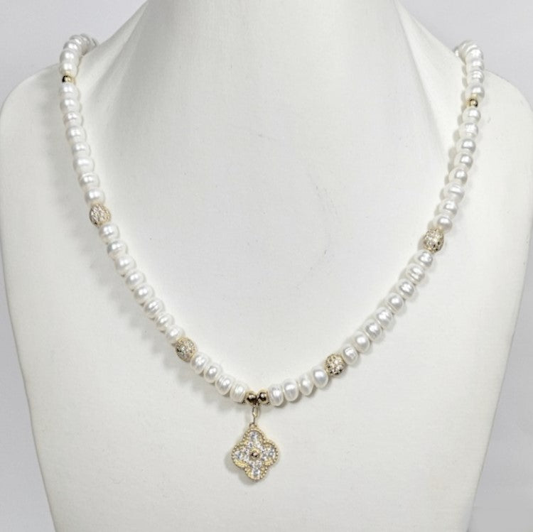 Baroque Freshwater Pearl Necklace with Pave Clover Pendant