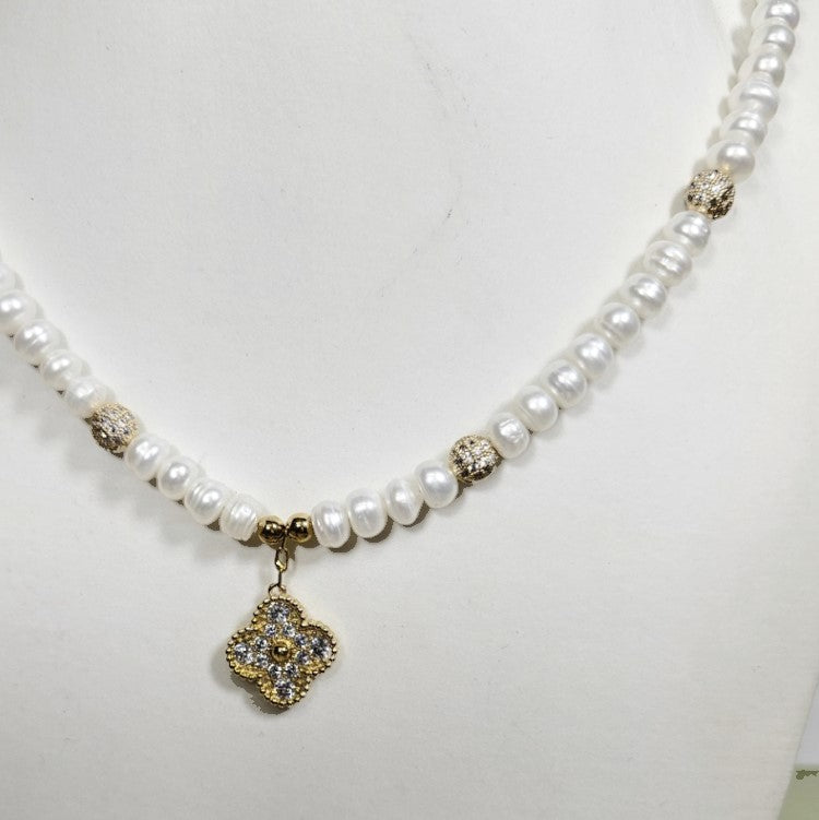 Baroque Freshwater Pearl Necklace with Pave Clover Pendant