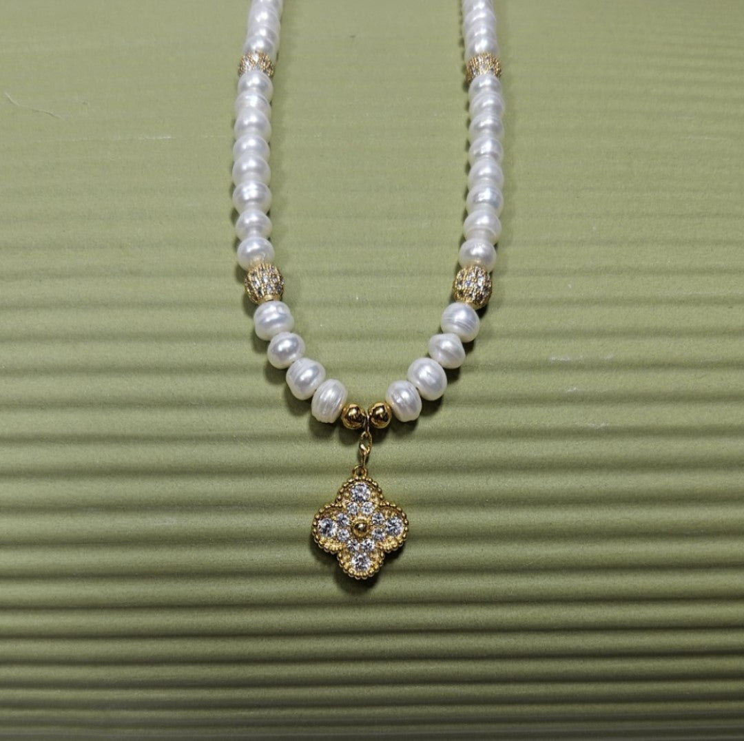 Baroque Freshwater Pearl Necklace with Pave Clover Pendant