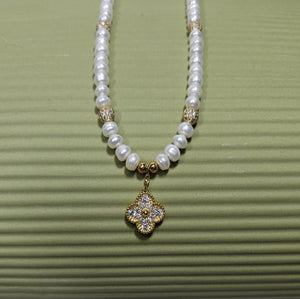 Baroque Freshwater Pearl Necklace with Pave Clover Pendant