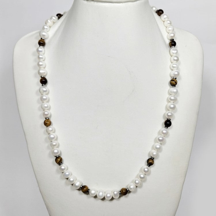 White Baroque Freashwater Pearl and Tiger Eye Necklace