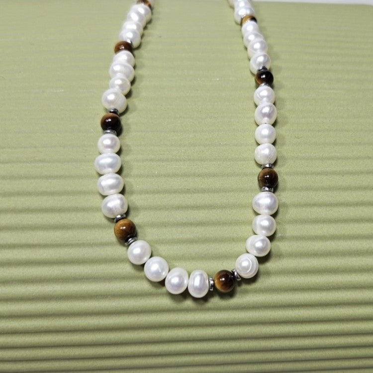 White Baroque Freashwater Pearl and Tiger Eye Necklace