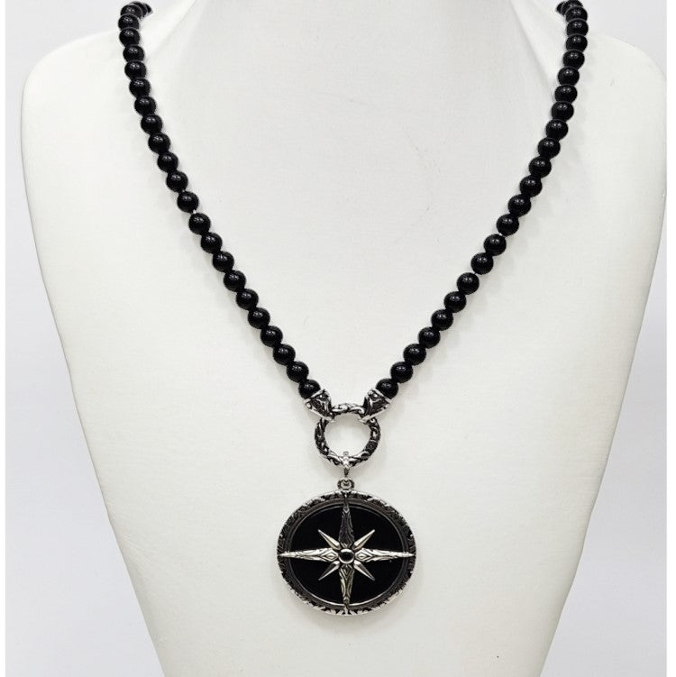 6mm Black Onyx Beaded Necklace with Silver &amp; Onyx North Star Pendant