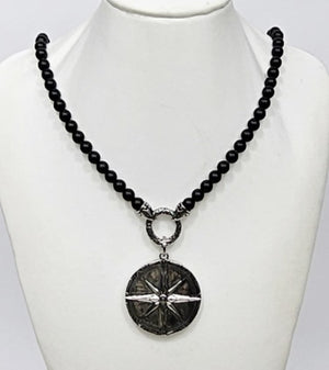 6mm Black Onyx Beaded Necklace with Silver &amp; Onyx North Star Pendant