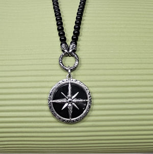 6mm Black Onyx Beaded Necklace with Silver &amp; Onyx North Star Pendant