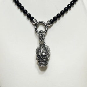 6mm Black Onyx Beaded Necklace with Stainless Steel Day of the Dead Skull Pendant