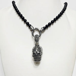 6mm Black Onyx Beaded Necklace with Stainless Steel Day of the Dead Skull Pendant