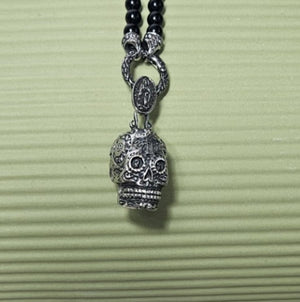 6mm Black Onyx Beaded Necklace with Stainless Steel Day of the Dead Skull Pendant