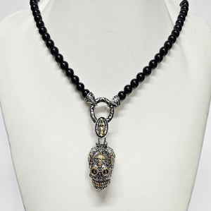 6mm Black Onyx Beaded Necklace with Stainless Steel Day of the Dead Skull Pendant