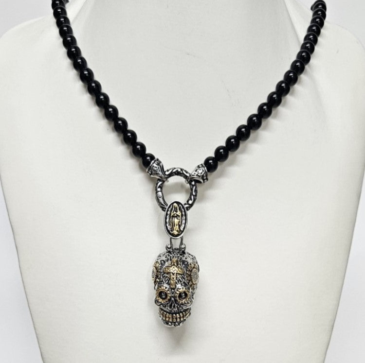 6mm Black Onyx Beaded Necklace with Stainless Steel Day of the Dead Skull Pendant