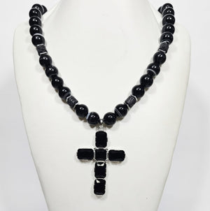 Large Silver Cross with Austrian Crystals Strang on a Botswana Agate necklace