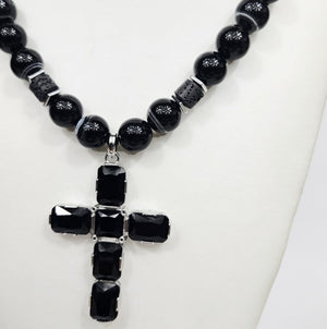 Large Silver Cross with Austrian Crystals Strang on a Botswana Agate necklace