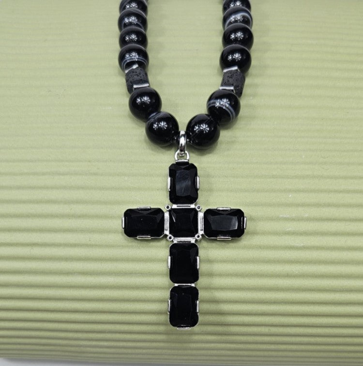 Large Silver Cross with Austrian Crystals Strang on a Botswana Agate necklace