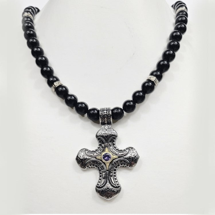 Stainless Steel Cross with Amethyst Crystal Strang on Black Turmaline Beaded Necklace