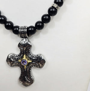 Stainless Steel Cross with Amethyst Crystal Strang on Black Turmaline Beaded Necklace