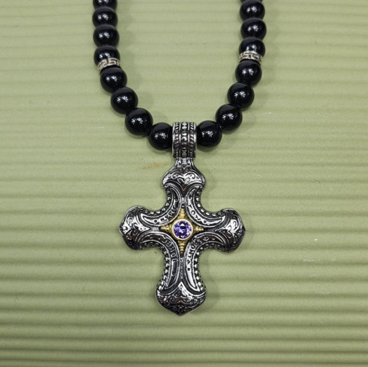 Stainless Steel Cross with Amethyst Crystal Strang on Black Turmaline Beaded Necklace