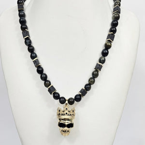 Large Silver Gold Plated Skull With Crown Pendant Strang on BlueTiger Eye bead Necklaces