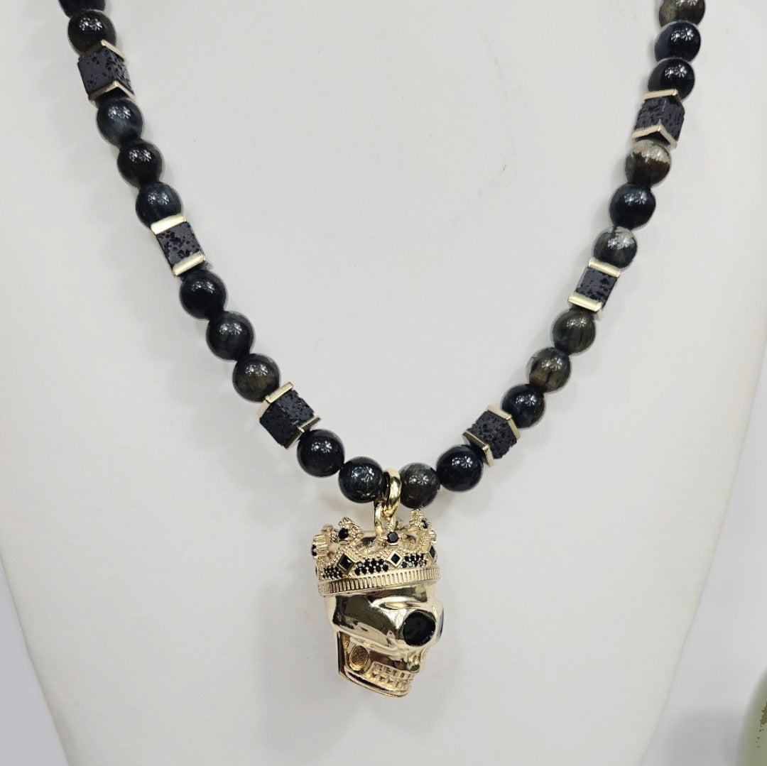 Large Silver Gold Plated Skull With Crown Pendant Strang on BlueTiger Eye bead Necklaces