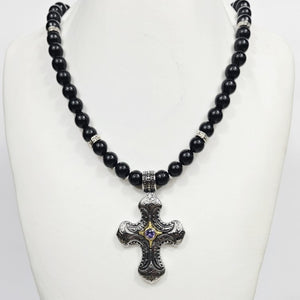 Stainless Steel Cross with Amethyst Crystal Strang on Black Turmaline Beaded Necklace