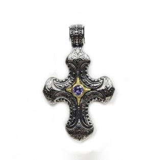 Stainless Steel Cross with Amethyst Crystal Strang on Amethyst Beaded Necklace