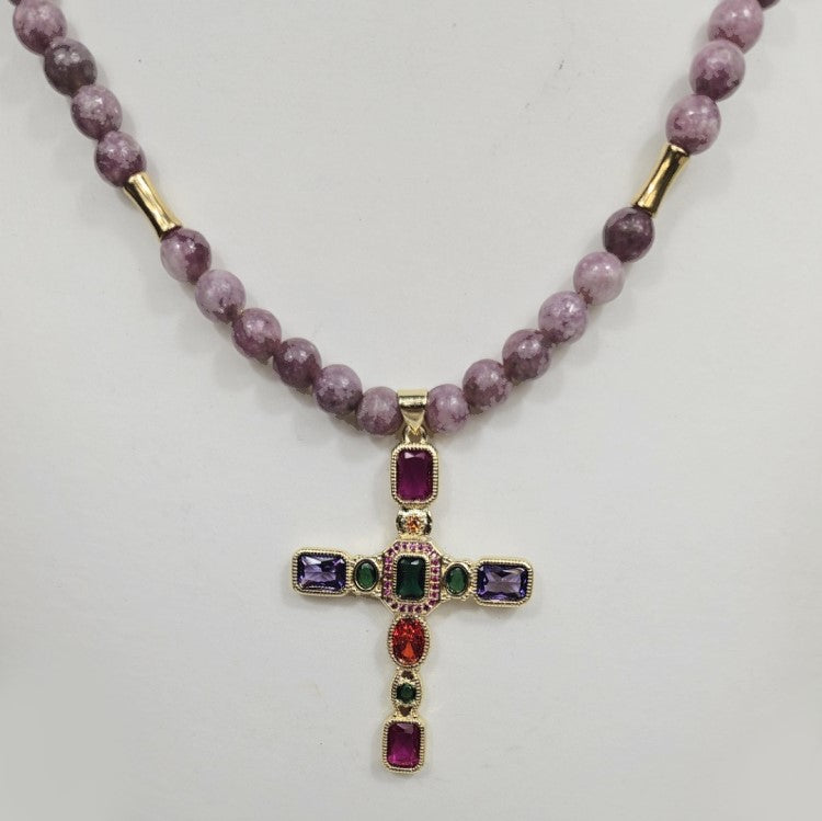 Silver Gold Plated Cross with Coloured Cubic Zirconia and 6mm Lepidolite necklace