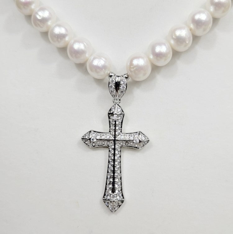 Sterling Silver Cross with Cubic Zirconia and Baroque Pearls Necklace