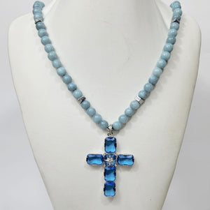 Large Silver Cross with Austrian Crystals Strang on Aquamarine beaded necklace