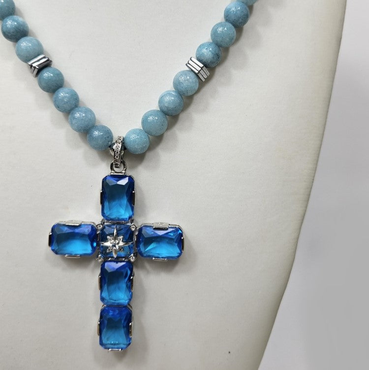 Large Silver Cross with Austrian Crystals Strang on Aquamarine beaded necklace