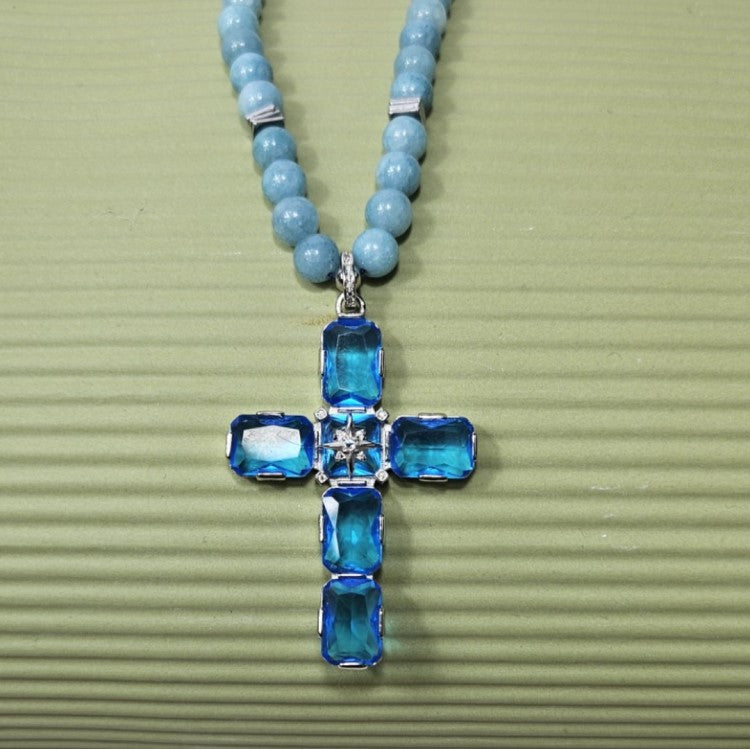 Large Silver Cross with Austrian Crystals Strang on Aquamarine beaded necklace