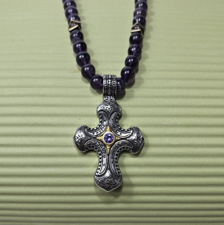 Stainless Steel Cross with Amethyst Crystal Strang on Amethyst Beaded Necklace