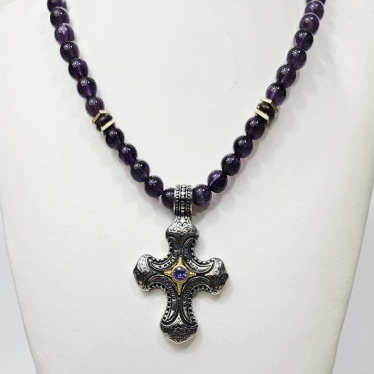 Stainless Steel Cross with Amethyst Crystal Strang on Amethyst Beaded Necklace