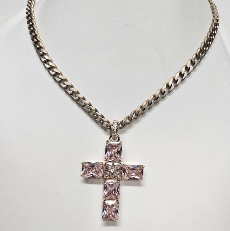 Silver R/Gold Plated Cross with Austrian Crystals on A R/G Silver Chain