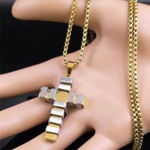 Stainless Steel Geometic Silver and Gold Plated Satin Finish Cross with Chain