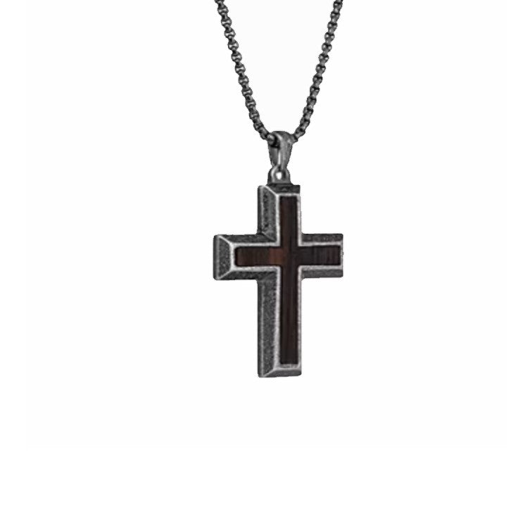 Stainless Steel Black and Ebony Wood Inlay Cross Pendant