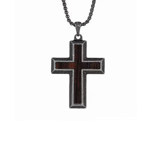 Stainless Steel Black and Ebony Wood Inlay Cross Pendant