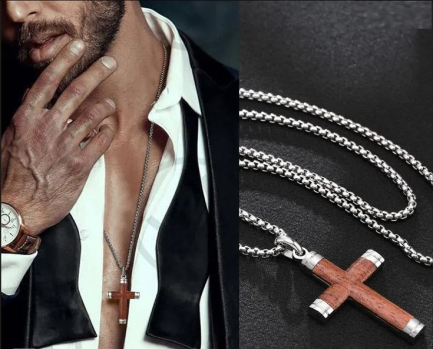 Stainless Steel Rosewood Cross Pendant with Chains