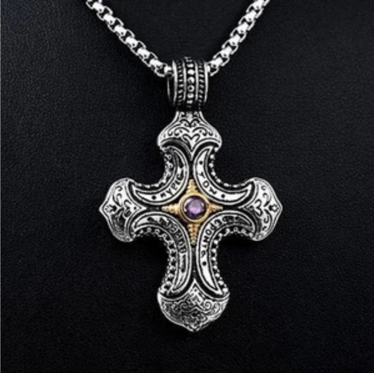 Stainless Steel Spanish Style with Amethyst Cross Necklace