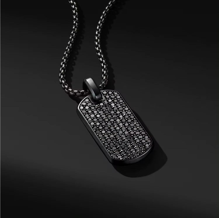 Stainless Steel Black IP Cubic Zirconia Dog Tag Pendant with Chain