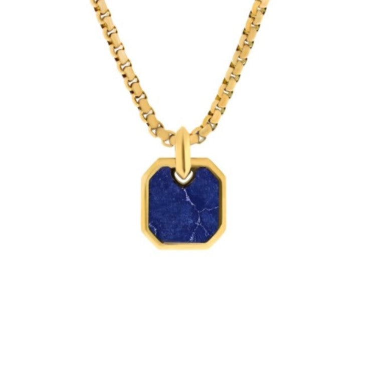 Stainless Steel Gold and Lapis Geometric Pendant with Chain