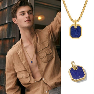 Stainless Steel Gold and Lapis Geometric Pendant with Chain