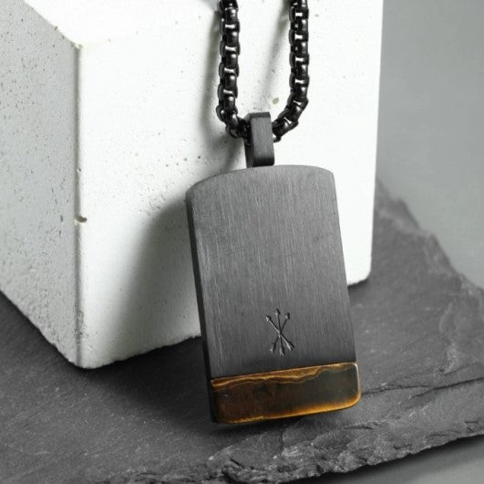 Stainless Steel Tiger Eye Stone Dog Tag Pendant and Chain