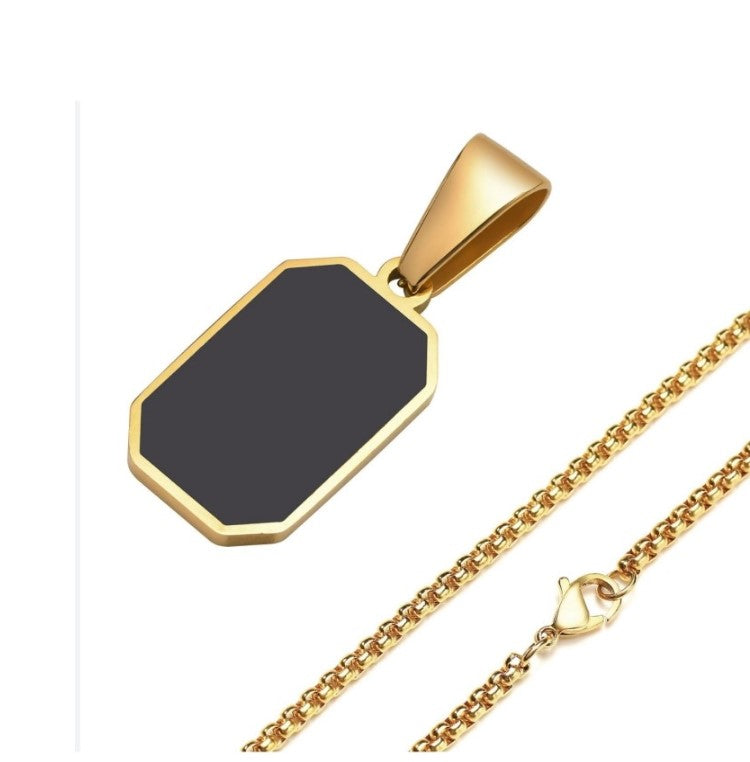 Stainless Steel and Gold Giometric Black Enamel Pendant