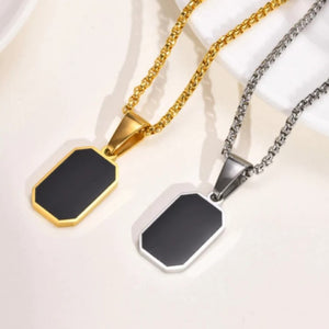 Stainless Steel and Gold Giometric Black Enamel Pendant