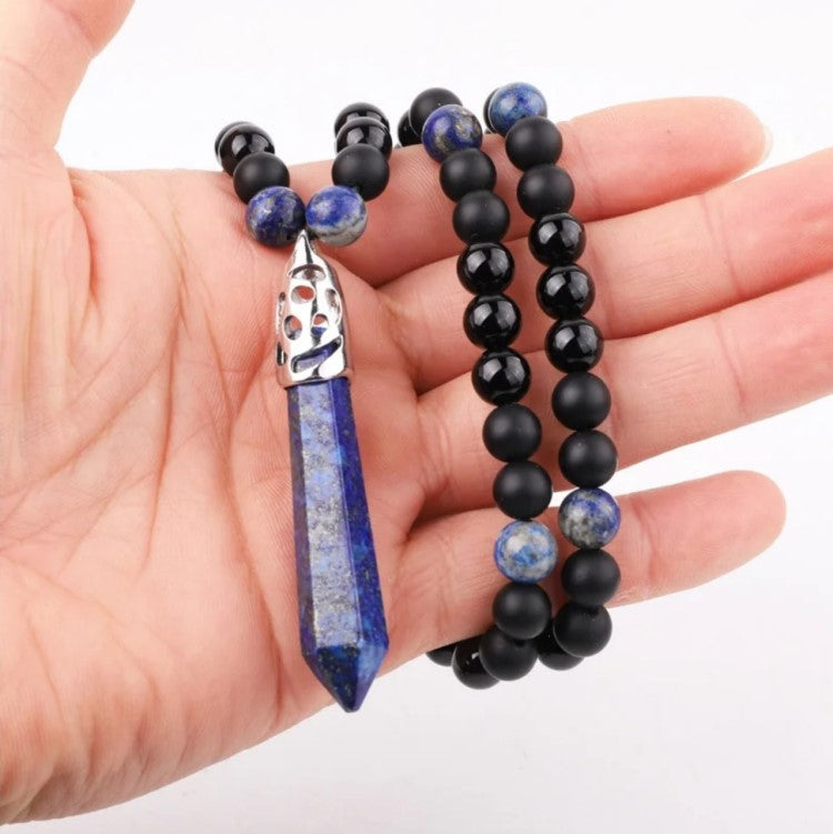 Blue Lapis Black Onyx Beaded Men and Healing Point Necklace